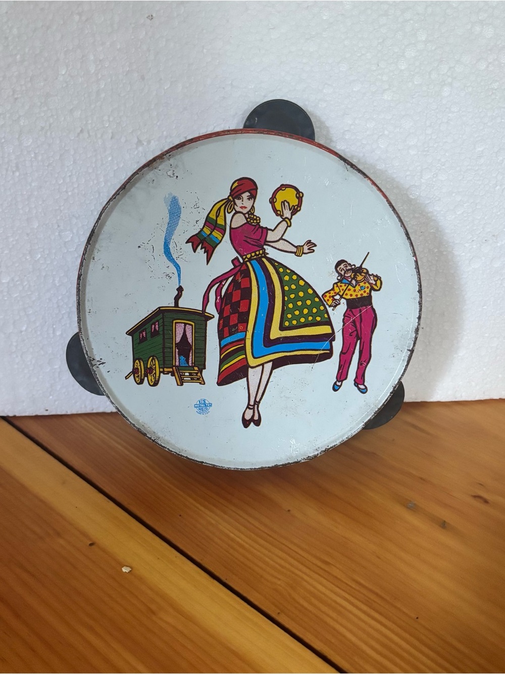Vintage U.S. Metal Toy Co Tin Litho Tambourine 8”